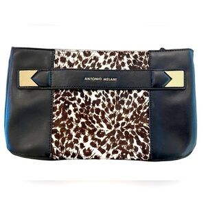 NEW Genuine Leather Black & White Calf Hair Zip Clutch Handbag